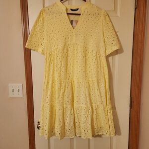 BTFBM Tiered Midi Dress NWT Size Large Butter Yellow Eyelet Detail Lined Vacay